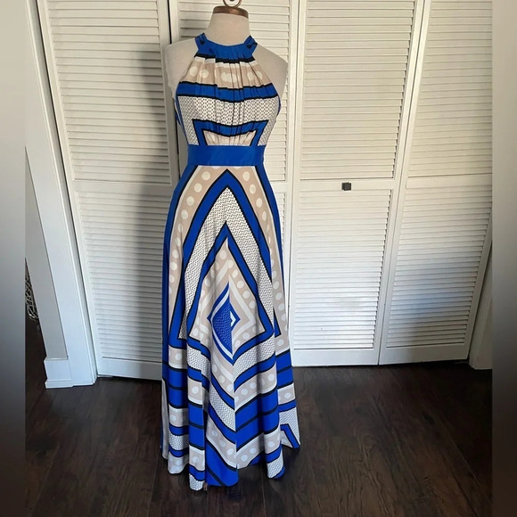ELIZA J long maxi Halter Dress blue cream tan black 2 - Picture 2 of 14